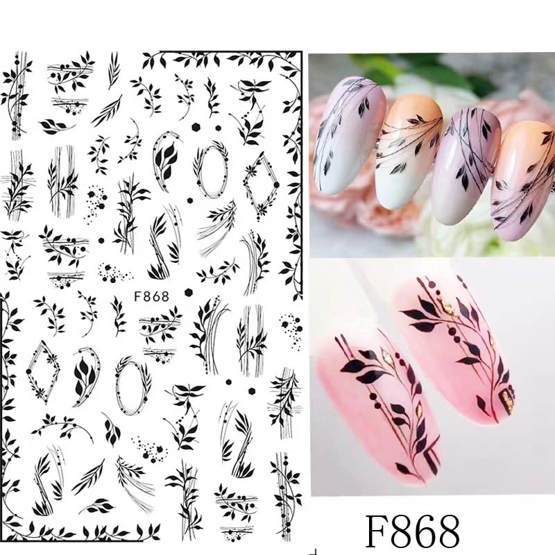 10 Sheets Spring Flower Nail Art Stickers Decals Self-Adhesive Pegatinas Uñas Black White Blossom Nail Supplies Nail Art Design Decoration Accessories