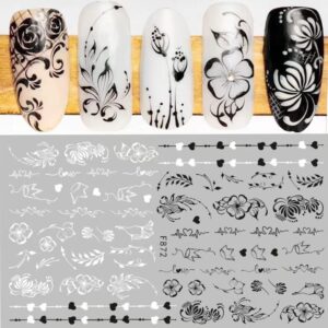 10 Sheets Spring Flower Nail Art Stickers Decals Self-Adhesive Pegatinas Uñas Black White Blossom Nail Supplies Nail Art Design Decoration Accessories