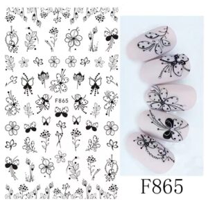 10 Sheets Spring Flower Nail Art Stickers Decals Self-Adhesive Pegatinas Uñas Black White Blossom Nail Supplies Nail Art Design Decoration Accessories