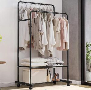 moutik double rod clothing hanging rack: metal rolling garment organizer hanger with 2 tier storage shelves - industrial rail hang clothes display stand on wheels for coat dress bedroom black
