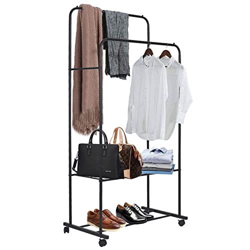 MOUTIK Double Rod Clothing Hanging Rack: Metal Rolling Garment Organizer Hanger with 2 Tier Storage Shelves - Industrial Rail Hang Clothes Display Stand on Wheels for Coat Dress Bedroom Black