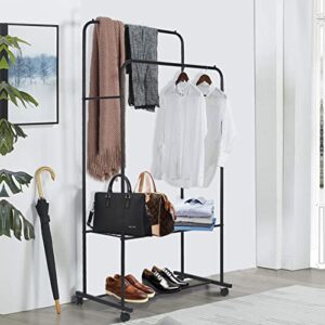 MOUTIK Double Rod Clothing Hanging Rack: Metal Rolling Garment Organizer Hanger with 2 Tier Storage Shelves - Industrial Rail Hang Clothes Display Stand on Wheels for Coat Dress Bedroom Black