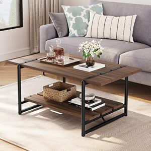 2-tier modern industrial 41'' large wood coffee table with storage shelf - rustic metal rectangle center living room coffee table accent furniture for home office, brown walnut
