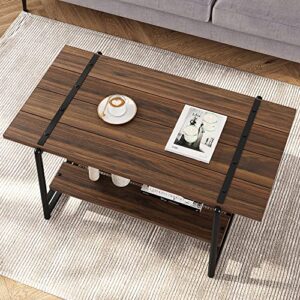 2-Tier Modern Industrial 41'' Large Wood Coffee Table with Storage Shelf - Rustic Metal Rectangle Center Living Room Coffee Table Accent Furniture for Home Office, Brown Walnut