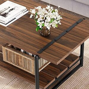 2-Tier Modern Industrial 41'' Large Wood Coffee Table with Storage Shelf - Rustic Metal Rectangle Center Living Room Coffee Table Accent Furniture for Home Office, Brown Walnut