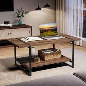 2-Tier Modern Industrial 41'' Large Wood Coffee Table with Storage Shelf - Rustic Metal Rectangle Center Living Room Coffee Table Accent Furniture for Home Office, Brown Walnut