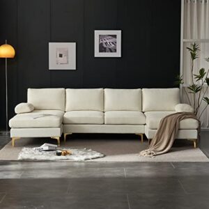 Karl home Convertible Sectional Sofa 110" U-Shape Sofa Couch 4-Seat Couch with Chaise ChenilleFabric Upholstered for Living Room, Apartment, Office, Creamy White