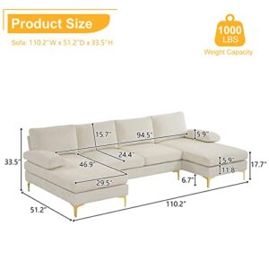 Karl home Convertible Sectional Sofa 110" U-Shape Sofa Couch 4-Seat Couch with Chaise ChenilleFabric Upholstered for Living Room, Apartment, Office, Creamy White