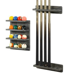 mygift wall mounted vintage weathered gray wood pool cue rack for 6 cues, billiards accessories holder and ball storage shelf set, 3-piece set