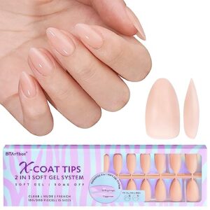 short almond gel nail tips - soft gel press on nails 2 in 1 neutral x-coat tips, pre-colored gel nails full cover fake nails for nail extensions nail art 150pcs 15sizes