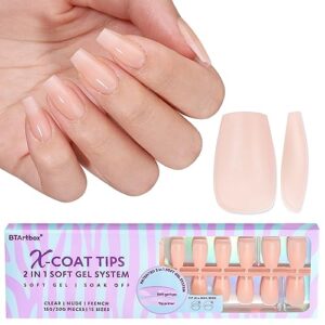 short nail tips coffin nails - btartbox press on nails 2 in 1 neutral x-coat tips pre-applied tip primer, pre colored ultra fit fake nails false nail extensions 150pcs 15sizes