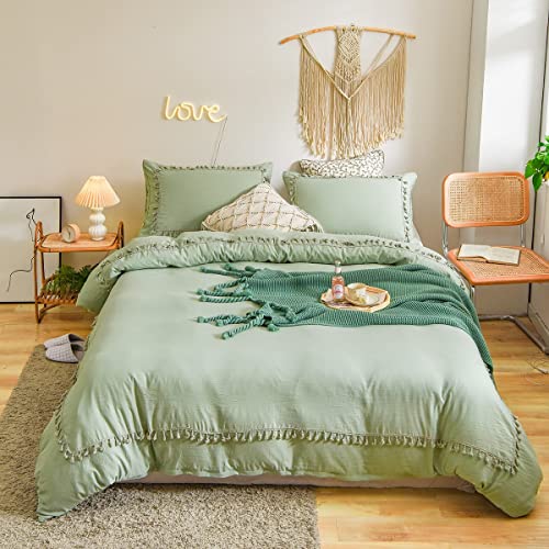 Musolaree White Tassel Fringe Beding Texture Soft and Warm Duvet Cover for Girls Solid Color King Duvet Cover 1Duvet Cover and 2Pillow Shams,Green,82.6 * 82.6