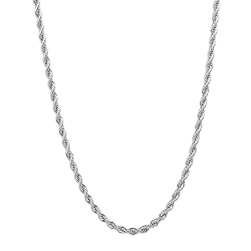 Fiusem Silver Tone 3mm Chain Necklace, Stainless Steel Rope Chain for Men and Women, Mens Necklace 20 Inch