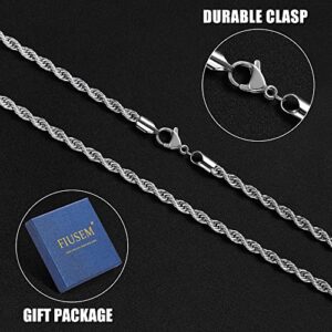 Fiusem Silver Tone 3mm Chain Necklace, Stainless Steel Rope Chain for Men and Women, Mens Necklace 20 Inch