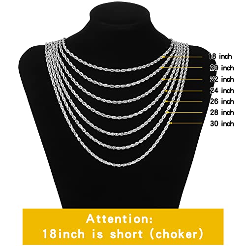 Fiusem Silver Tone 3mm Chain Necklace, Stainless Steel Rope Chain for Men and Women, Mens Necklace 20 Inch