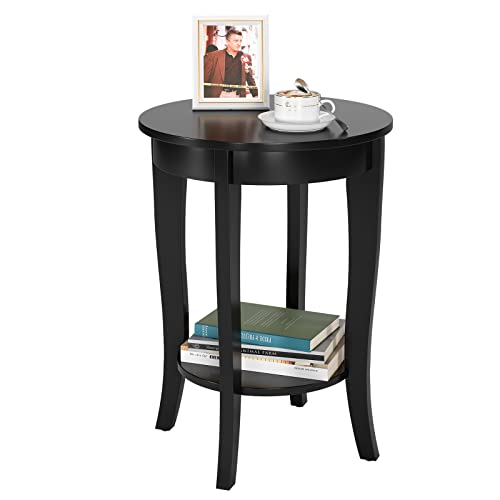 IDEALHOUSE Black End Table Living Room Small Side Table with 2-Tier Storage Shelves Round Bedside Tables Bedroom Elegant Slim Coffee Table for Small Spaces