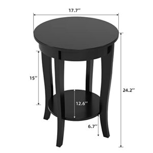 IDEALHOUSE Black End Table Living Room Small Side Table with 2-Tier Storage Shelves Round Bedside Tables Bedroom Elegant Slim Coffee Table for Small Spaces