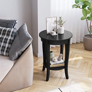 IDEALHOUSE Black End Table Living Room Small Side Table with 2-Tier Storage Shelves Round Bedside Tables Bedroom Elegant Slim Coffee Table for Small Spaces