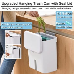 Tiyafuro Upgraded Hanging Trash Can with Lid, 2.4 Gallon Kitchen Compost Bin for Cabinet and Under Sink, Wall-Mounted Indoor Trash Bin for Bathroom Bedroom Office, Waste Basket
