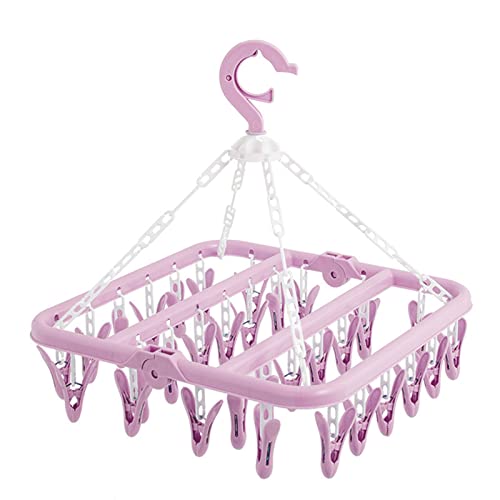 LOCKISH Foldable Laundry Hanger with 32 Clips，Sock Hanger Drying Rack,Laundry Clothespin Drying Rack for Socks Underwear Bras Scarf(Pink)