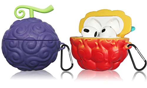[2Pack] Fruit Cover for AirPods 3 Case Cute 2021 Released,3D Cartoon Silicone Protective Accessories Set Kit for Devil Fruit for AirPods 3rd Generation Case for Boy Girl(Purple&Red Yellow Devil Fruit)