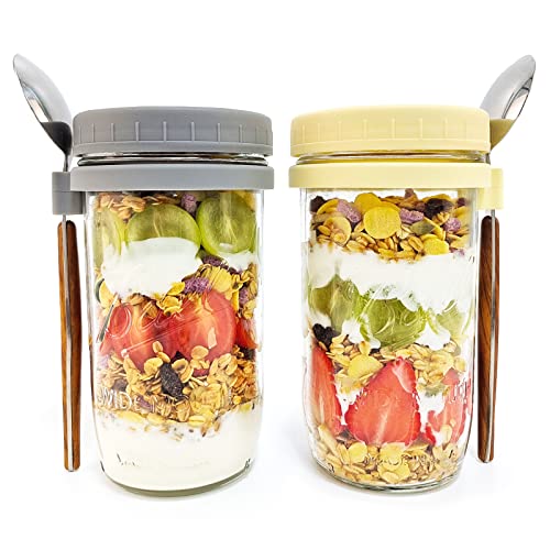 Etomiel Overnight Oats Jars with Lid and Spoon 21 oz, 2 Pack Large Capacity Airtight Oatmeal Container with Measurement Marks, Glass Mason Jars for Cereal Yogurt and Parfait