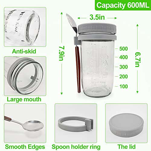 Etomiel Overnight Oats Jars with Lid and Spoon 21 oz, 2 Pack Large Capacity Airtight Oatmeal Container with Measurement Marks, Glass Mason Jars for Cereal Yogurt and Parfait