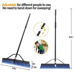 24 inches Push Broom Outdoor Heavy Duty Broom for Deck Driveway Garage Yard Patio Concrete Floor Cleaning-Blue