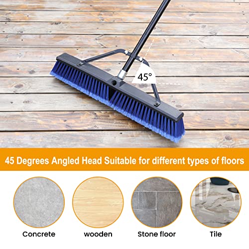 24 inches Push Broom Outdoor Heavy Duty Broom for Deck Driveway Garage Yard Patio Concrete Floor Cleaning-Blue