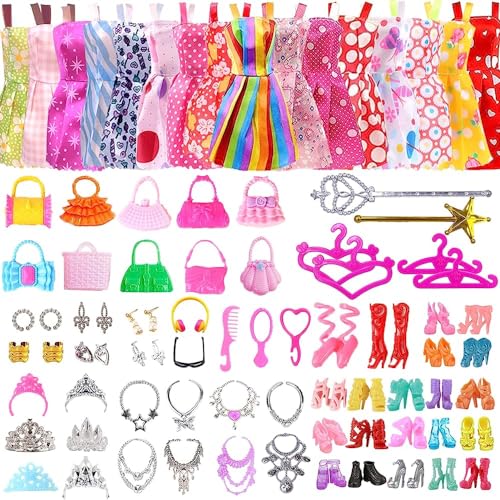 96 PCS Doll Clothes and Accessories for Barbie 11.5 inch Doll 16 Slip Dresses 20 Pair of Shoes 10 Handbags 30 Jewelry Accessories Fashion Outfits Necklace Mirror Earring Crown Hanger in Random