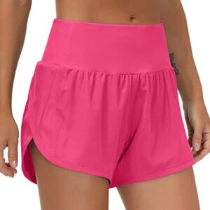 THE GYM PEOPLE Womens High Waisted Running Shorts Quick Dry Athletic Workout Shorts with Mesh Liner Zipper Pockets (Bright Pink, Small)