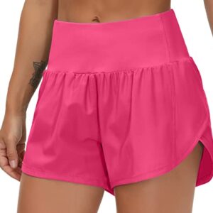 THE GYM PEOPLE Womens High Waisted Running Shorts Quick Dry Athletic Workout Shorts with Mesh Liner Zipper Pockets (Bright Pink, Small)