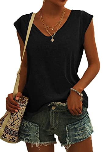 AUSELILY Womens Cap Sleeve T-Shirt Casual Loose Fit Tank Tops Black