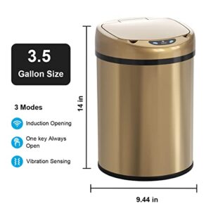 Smart Trash Can 3.5 Gallon Stainless Steel Garbage Can with Automatic Packaging Function, Touchless Trash Can, Intelligent Induction Trash Bin for for Bathroom Kitchen Office(Champagne Gold)