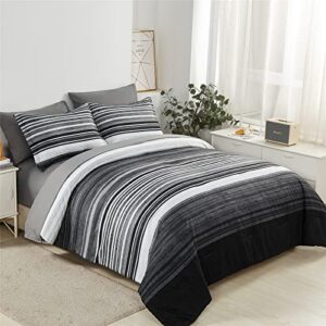 kakijumn 7 piece bed in a bag stripe comforter set full size, white grey black patchwork striped comforter and sheet set, all season soft microfiber complete bedding sets(grey,full)