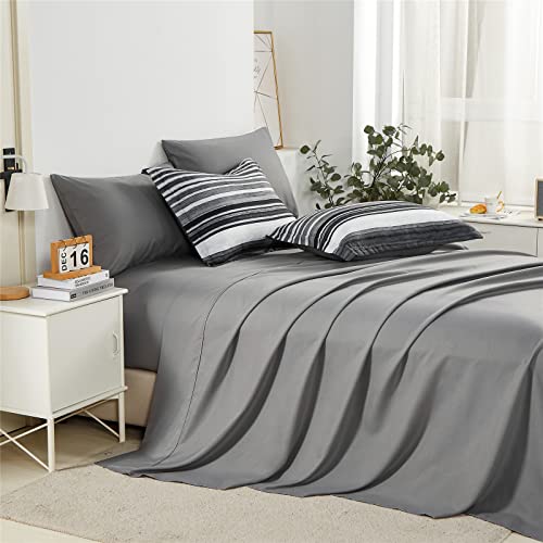 KAKIJUMN 7 Piece Bed in a Bag Stripe Comforter Set Full Size, White Grey Black Patchwork Striped Comforter and Sheet Set, All Season Soft Microfiber Complete Bedding Sets(Grey,Full)