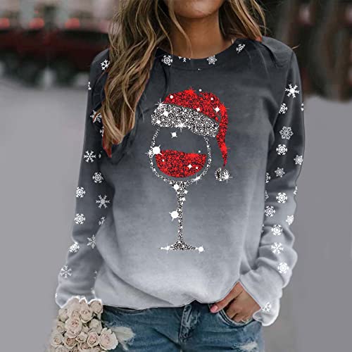 Ugly Christmas Sweater for Women Crewneck Funny Graphic Printed Long Sleeve Shirts Xmas Pullover Top 2022 (Z5-Grey, XL)