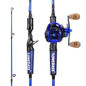 one bass fishing rod and reel combo, im7 graphite 2 pc blank baitcasting combo, spinning rod with superpolymer handle- 6'6" casting combo with right handed reel- blue