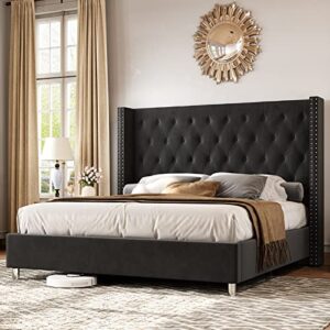 papajet king bed frame upholstered bed velvet low profile platform bed with raised wingback headboard/no box spring needed/easy assembly/black