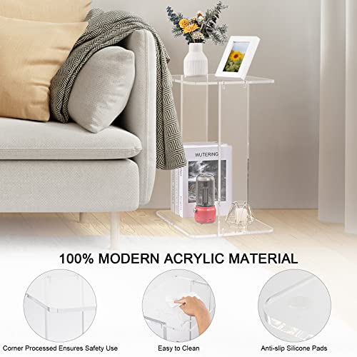 HMYHUM Acrylic Side Table for Small Spaces, 2-Tier End Table/Nightstand for Sofa, Living Room, Bedside, Bedroom, Modern, Easy Assembly, 15.7" L x 11.8" W x 20" H, Clear