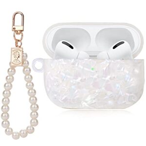 cute airpod pro 2 case with pearl wrist chain bling marble design hard tpu cover compatible with airpods pro 2nd generation 2022 case for women and girls