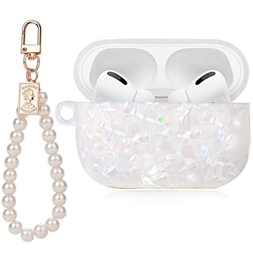 Cute AirPod Pro 2 Case with Pearl Wrist Chain Bling Marble Design Hard TPU Cover Compatible with AirPods Pro 2nd Generation 2022 Case for Women and Girls