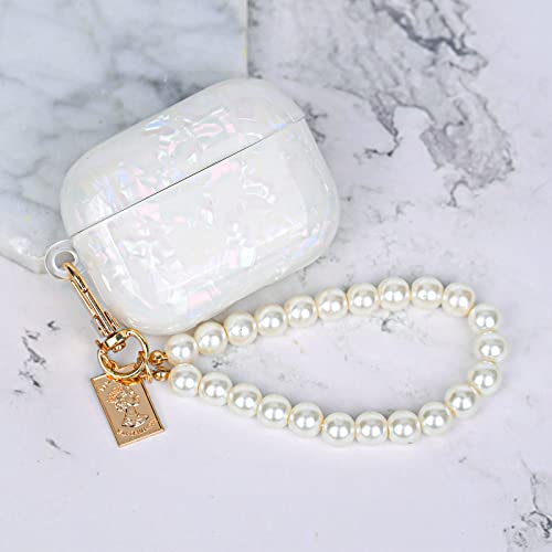 Cute AirPod Pro 2 Case with Pearl Wrist Chain Bling Marble Design Hard TPU Cover Compatible with AirPods Pro 2nd Generation 2022 Case for Women and Girls