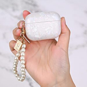 Cute AirPod Pro 2 Case with Pearl Wrist Chain Bling Marble Design Hard TPU Cover Compatible with AirPods Pro 2nd Generation 2022 Case for Women and Girls