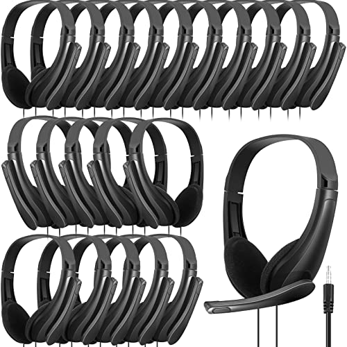 20 Pcs Classroom Headphone with Microphone Bulk On-ear Mic over Ear Headsets Kids Earphones Classroom Students Lightweight Children Class Headphones for School Office, Meetings, Chat, Black