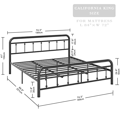 LIKIMIO California King Bed Frames, Metal Platform Bed Frame King with Headboard and Strong Support Frames, Easy Assembly, Noise-Free, No Box Spring Needed, Grey Black