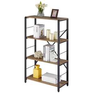 FOLUBAN 4 Tier Open Bookshelf, Vintage Free Standing Book Shelf, Rustic Wood and Metal Bookcase for Home Office, Oak