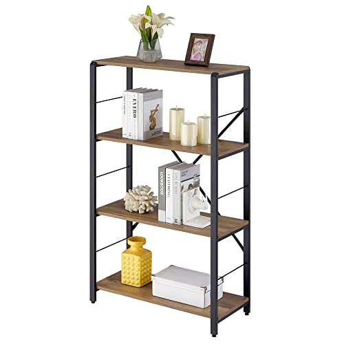 FOLUBAN 4 Tier Open Bookshelf, Vintage Free Standing Book Shelf, Rustic Wood and Metal Bookcase for Home Office, Oak