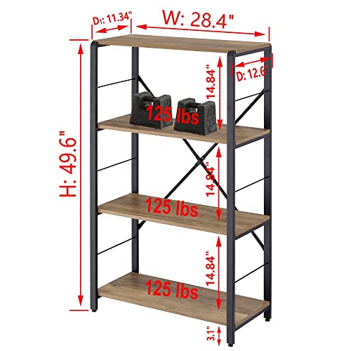 FOLUBAN 4 Tier Open Bookshelf, Vintage Free Standing Book Shelf, Rustic Wood and Metal Bookcase for Home Office, Oak