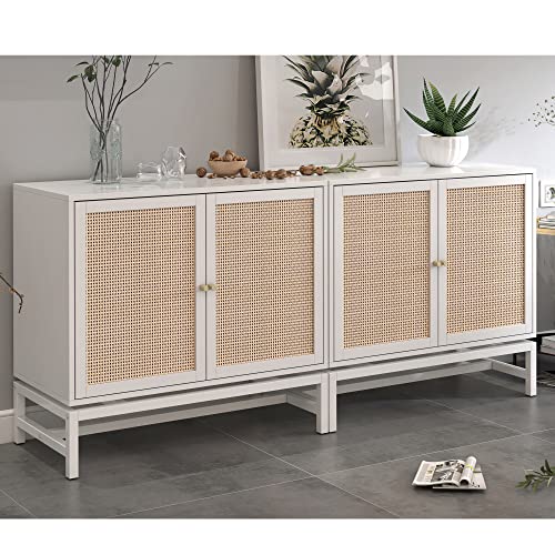 AWQM 2pcs Rattan Sideboard Buffet Cabinet with Storage,Kithchen Accent Storage Cabinet with Doors Console Table with Adjustable Shelves,Wood Console Cabinet for Dining Room,Living Room,White